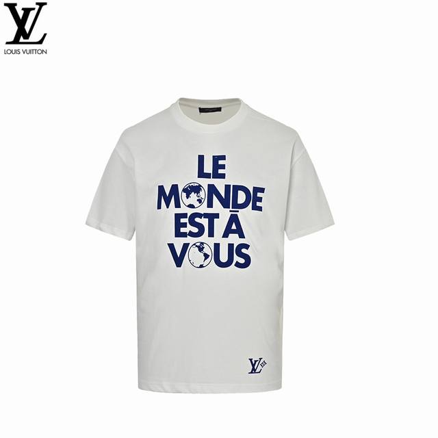 Louis Vuitton 25Ss blue flocked slogan printed short-sleeved shirt was originall