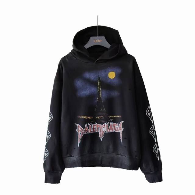 Actual details + size chart Balenciaga upright iron tower direct spray hooded sw