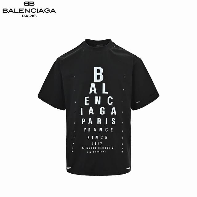 Balenciaga 25Ss Eye Chart Knife Cut Hole Short Sleeves Heavy Damage Process 1:1