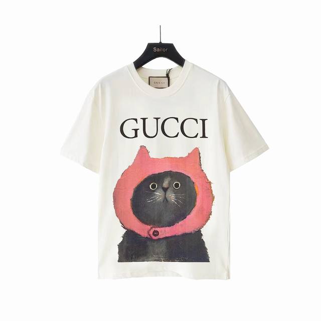 Actual details + size chart Gucci funny cartoon confused cat round neck short sl