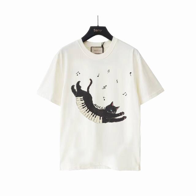 Actual details + size chart Gucci funny cartoon piano cat round neck short sleev