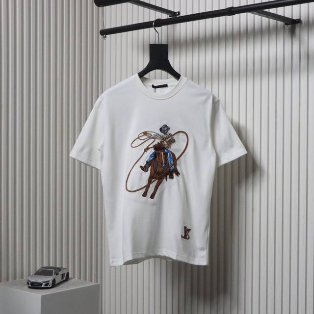 Louis Vuitton catwalk style heavyweight western denim embroidered short-sleeved