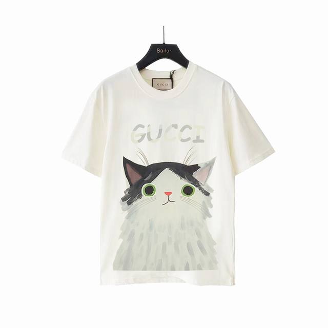 Actual details + size chart Gucci funny cartoon kitten round neck T-shirt High-w