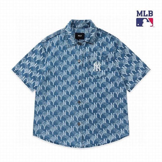 New arrival High version Mlb new geometric full print shirt collar denim short s