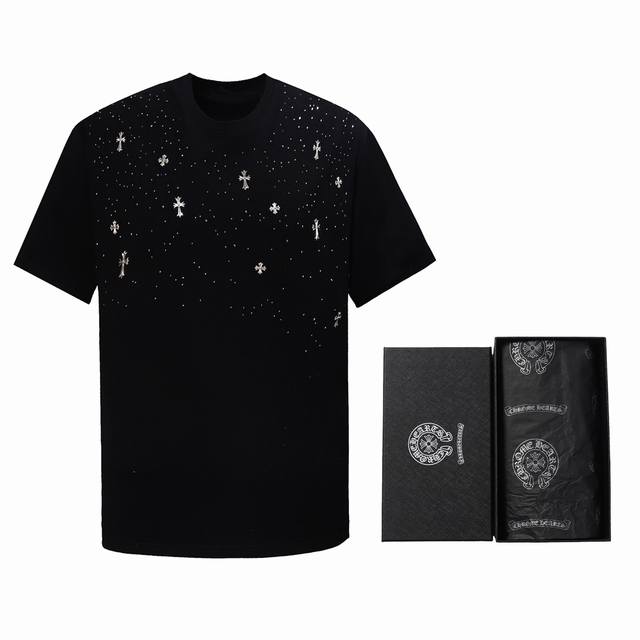 High version Chrome Hearts cross rhinestone short sleeves, unisex. Made of smoot