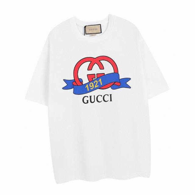 Gucci Summer new classic double G interlocking 1921 ribbon print round neck shor
