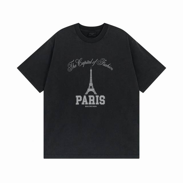 High-end Balenciaga Eiffel Tower printed washed distressed short-sleeved T-shirt