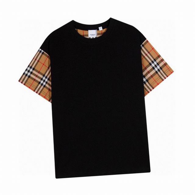Burberry Summer new classic plaid sleeves stitching round neck short-sleeved T-s