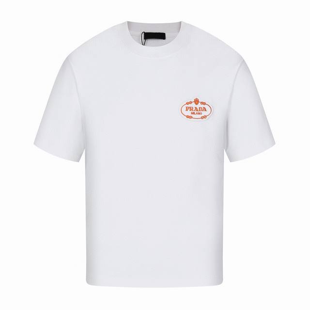 Prada Summer new gold logo embroidered round neck short-sleeved T-shirt fabric i
