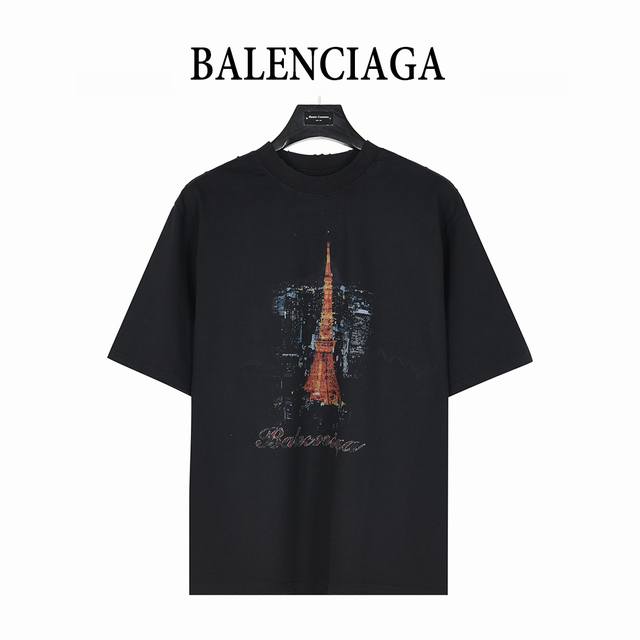 Balenciaga Tokyo Tower digital direct printing hole short-sleeved T-shirt Front