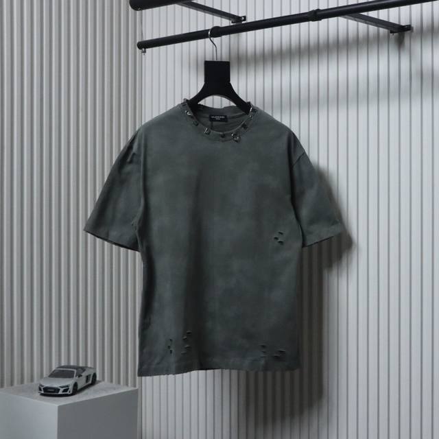 Balenciagag 23Ss rivet puncture washed hole short-sleeved custom-woven and dyed