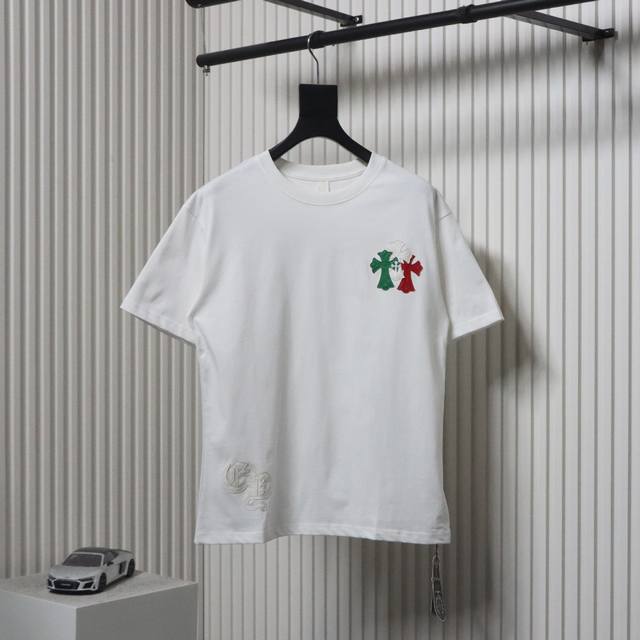 Chrome Hearts Ch colorful leather label cross short-sleeved T-shirt Direct-injec