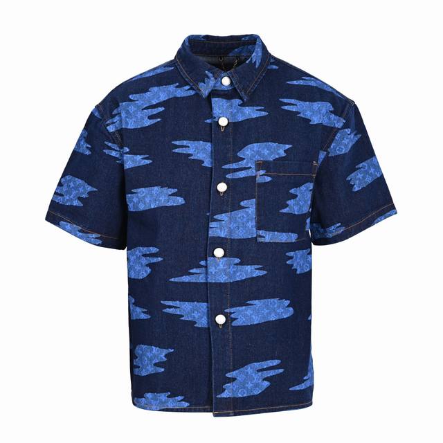 Louisvuittonlv blue camouflage denim short-sleeved shirt Made of 480G washed dar
