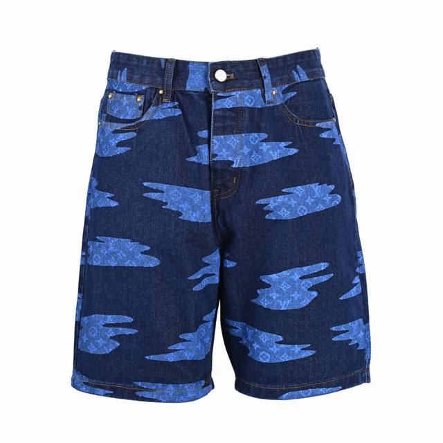 Louisvuittonlv blue camouflage denim shorts Made of 480G washed dark blue denim,