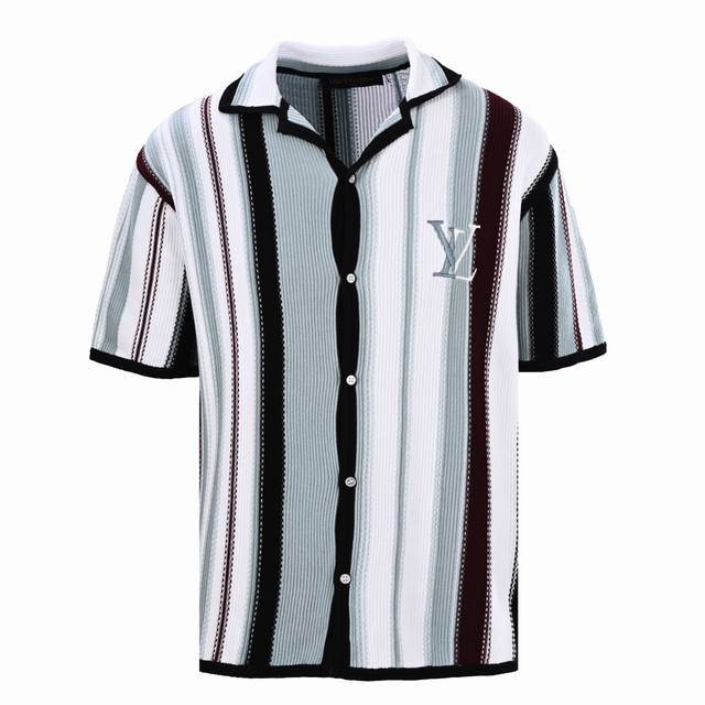 Louis Vuitton Lv vertical striped knitted suit short-sleeved shirt Authentic 159