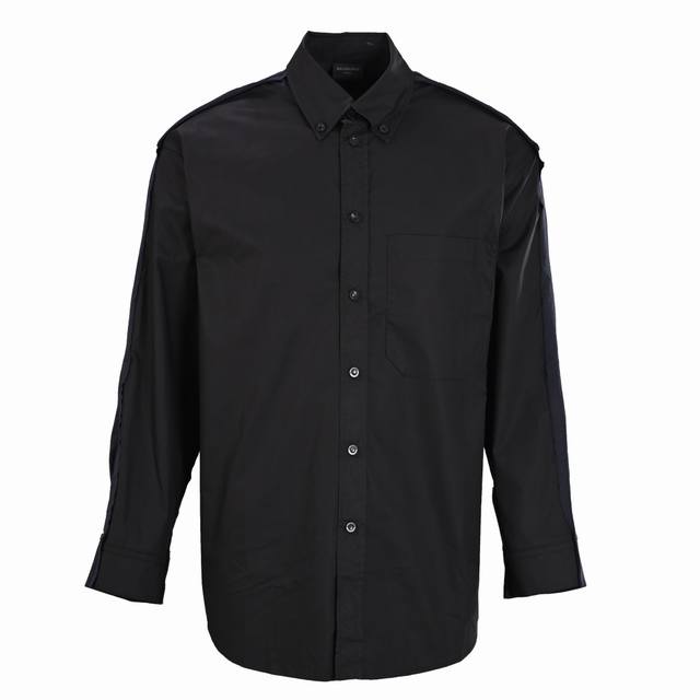 Balenciaga Bclg Navy Blue Splicing Long Sleeve Shirt The front cotton washed fab