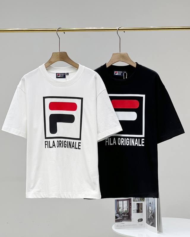 New arrival!!! Fila Square Logo Classic Printed Casual Loose Couple Short Sleeve