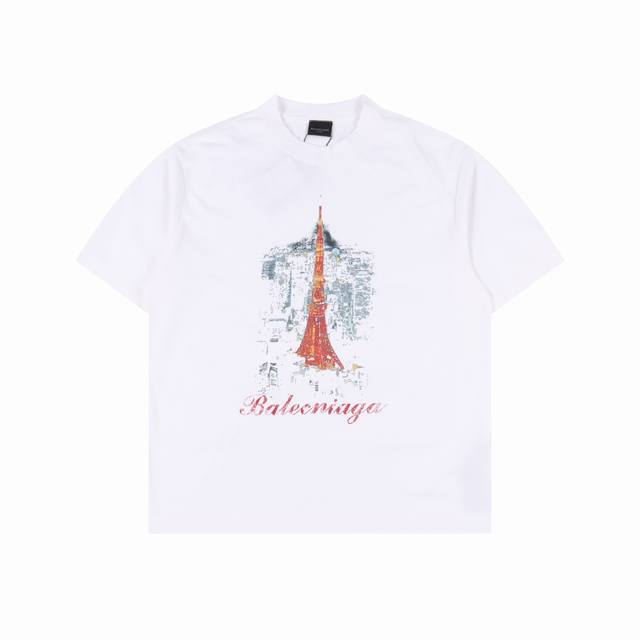 Balenciaga Tokyo Tower digital direct printing ripped short-sleeved T-shirt Fron