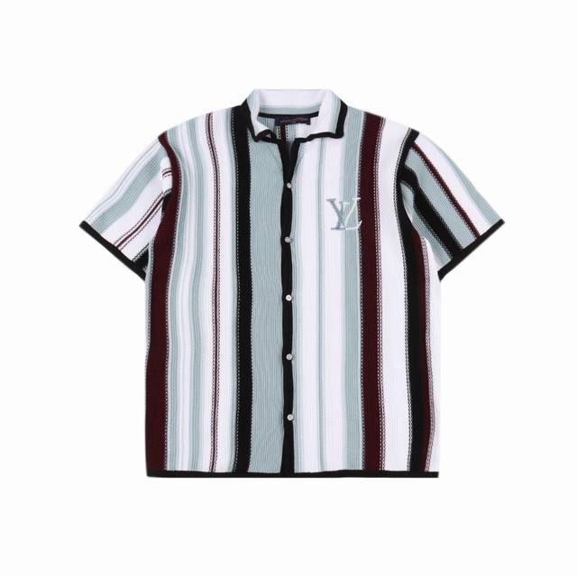 Louis Vuitton Lv vertical striped knitted suit short-sleeved shirt Authentic 159