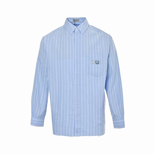 Dior 25Ss blue cat embroidered striped shirt is carefully made of blue cotton po