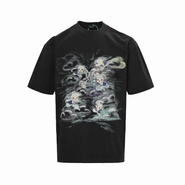 We11 Done 25Ss hand-painted rabbit print distressed short sleeves High density 2