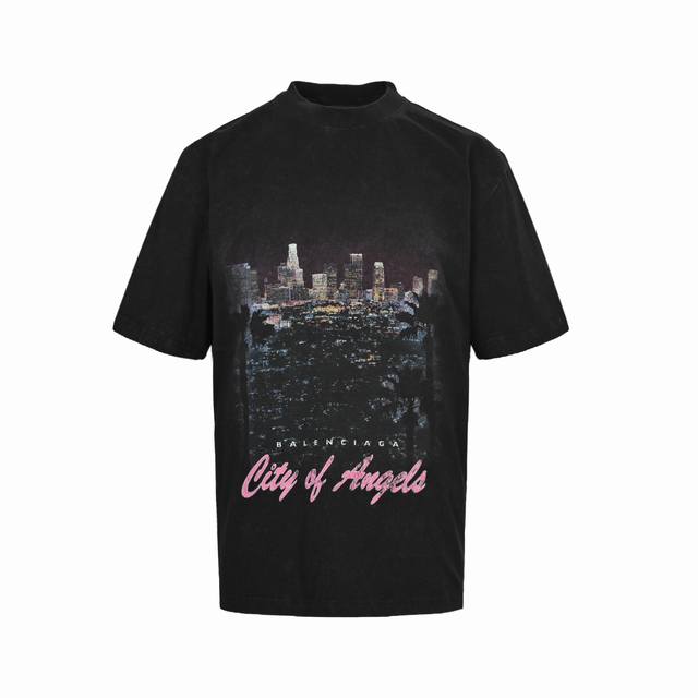 Balenciaga Los Angeles Night Scene Short Sleeve Washed and distressed, 260G; wit