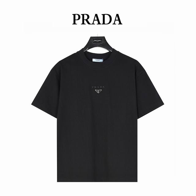 Prada 25Ss short-sleeved T-shirt with metal triangle label and embossed logo on