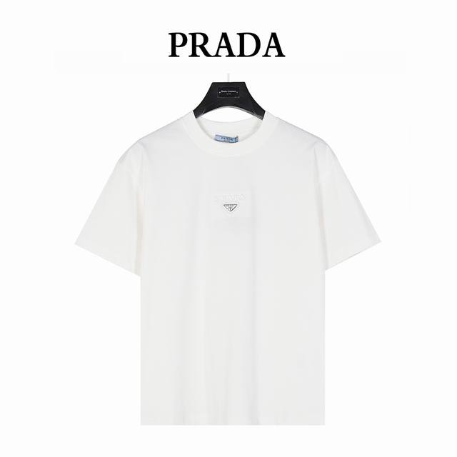 Prada 25Ss short-sleeved T-shirt with metal triangle label and embossed logo on