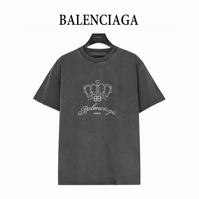 Balenciaga 25Ss washed crown hot diamond fried salt hole short-sleeved T-shirt T
