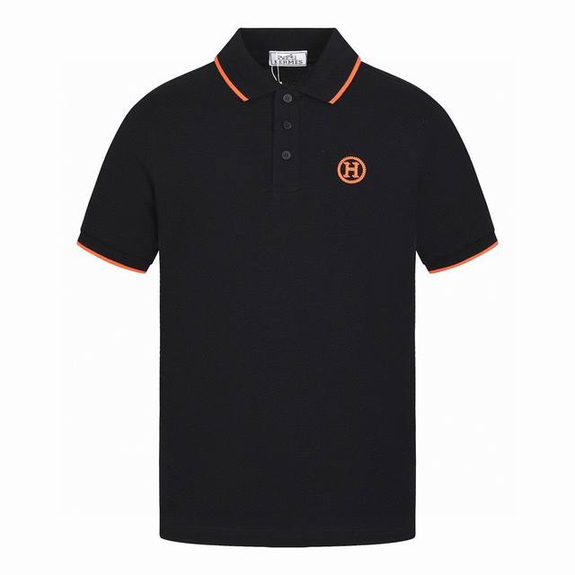 Hermes Summer new classic letter embroidery orange stripe lapel short-sleeved Po