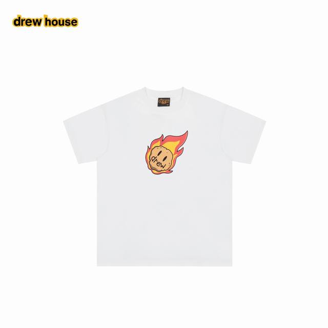Drew House 25Ss Basketball Fire Smiley Face Short Sleeve T-shirt The washed micr