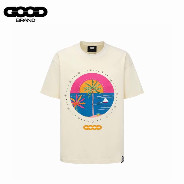 Goodbrand Coconut Tree Hot Diamond Flower Slogan Print Round Neck Pullover Short