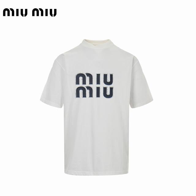 Miu Miu 25Ss hot diamond embossed letter short-sleeved T-shirt is made of 32-cou