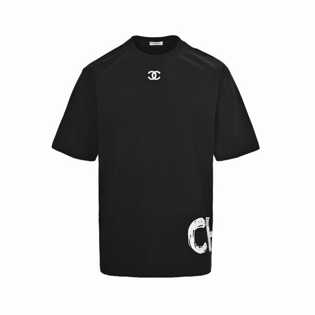 Chanel short-sleeved shirt with embroidered collar and printed letters on the he