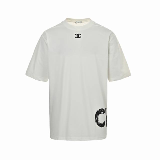 Chanel short-sleeved shirt with embroidered collar and printed letters on the he
