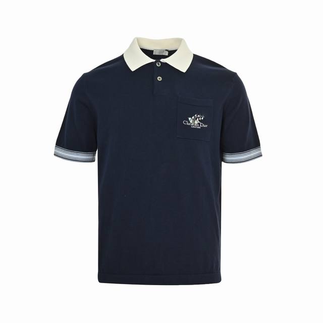 Dior 25Ss Lily of the Valley Embroidery Knitted Polo Short Sleeves Made of blue