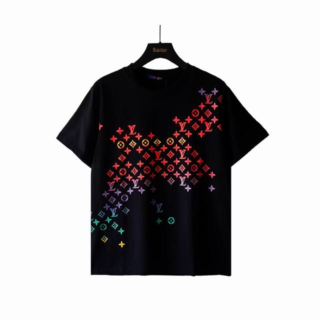 Actual details + size chart Lv Louis Vuitton gradient short-sleeved T-shirt Fabr