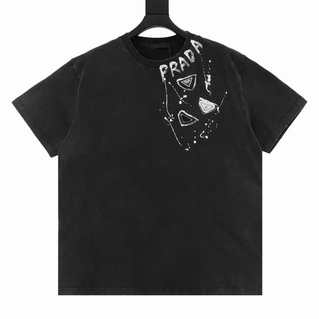 Prada Prada hand-painted letter washed triangle logo round neck short sleeves Cu