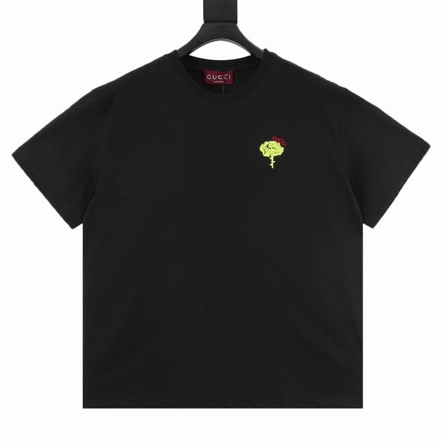 Gucci floral embroidered letter round neck T-shirt Customized high-weight knitte