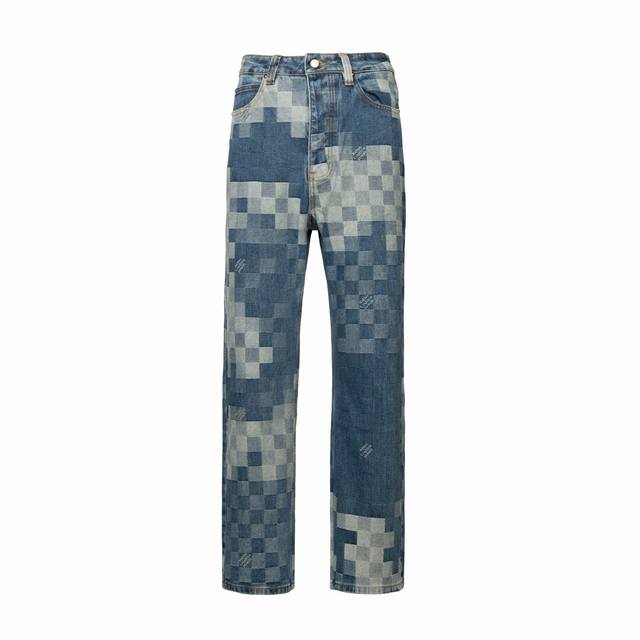 New replica version Louis Vuitton Pharrell joint mosaic checkerboard jeans Light