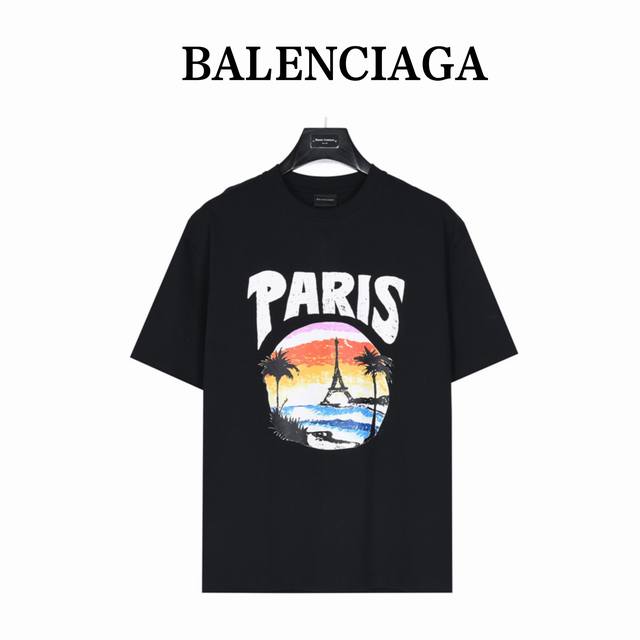 Balenciaga Beach painting night view Eiffel Tower print short-sleeved T-shirt Li