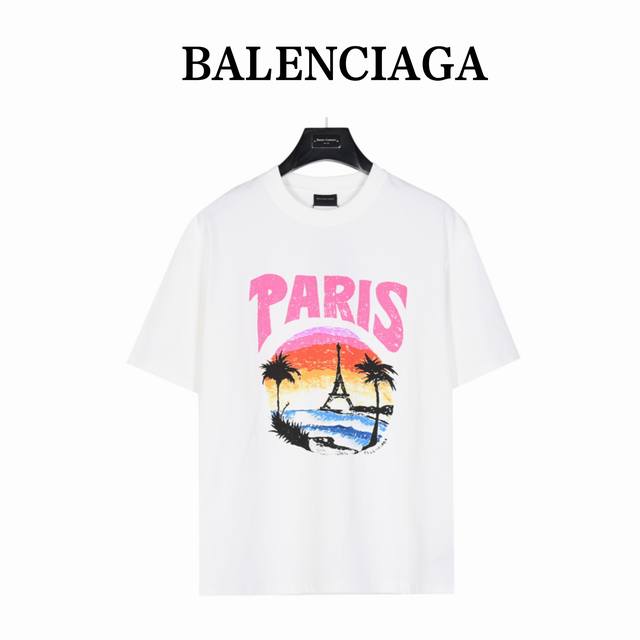 Balenciaga Beach painting night view Eiffel Tower print short-sleeved T-shirt Li