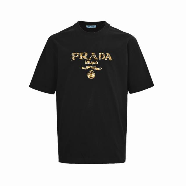 Prada 25Ss color matching embroidered letter short sleeves 32 double yarn fabric