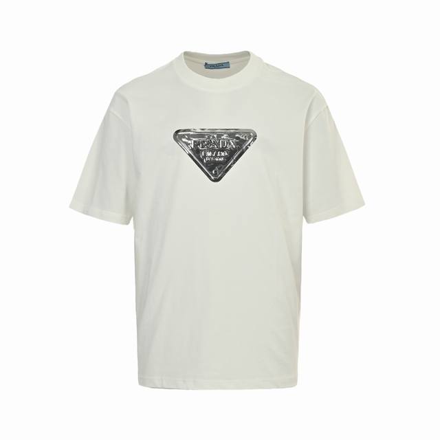 Prada 25Ss liquid silver triangle logo printed short sleeves Made of top 280g cu