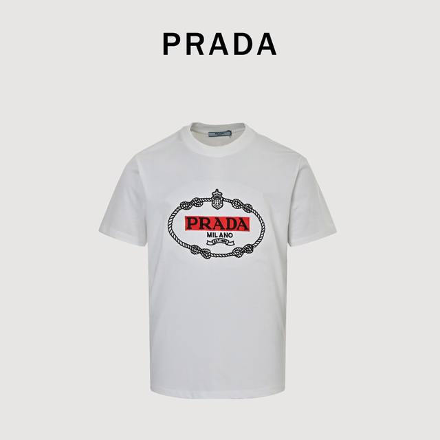 Prada 25Ss round three-dimensional embroidered red short-sleeved T-shirt 32-scre