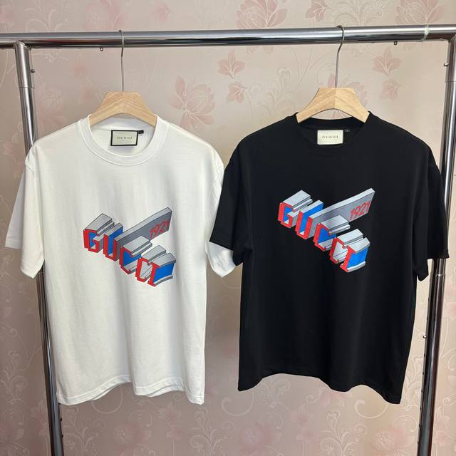 Gucci short-sleeved shirt, new style with three-dimensional letter print on the