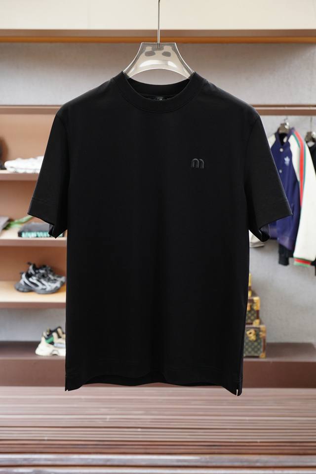 Miumi* 25Ss new spring and summer micro-logo striped short-sleeved round neck T-