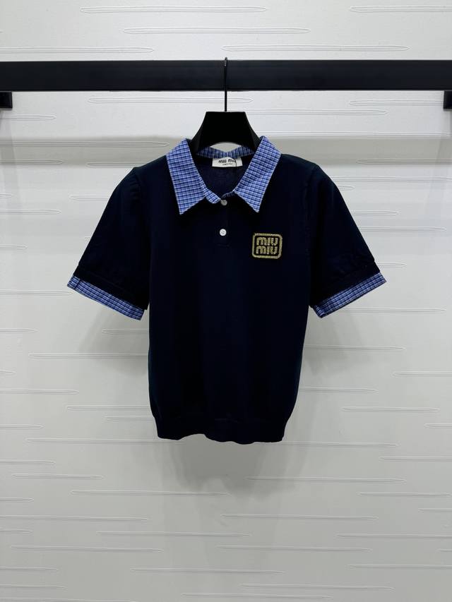 Prad* knitted short-sleeved top, available in white and navy blue, with a small