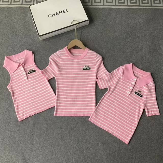 Miumi*25Ss new spring and summer micro-logo striped color-blocked long sleeves.