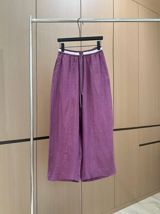 My080# New suit Lp One-shoulder 100% linen short-sleeved top cropped pants suit